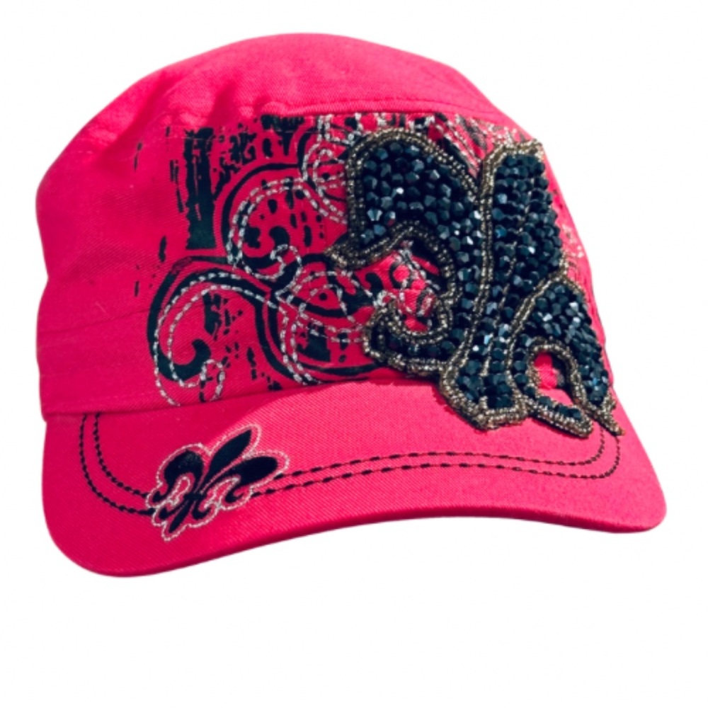 Olive & Pique Crystal Rhinestone Fleur De Lis Cotton Cadet Cap in Hot Pink